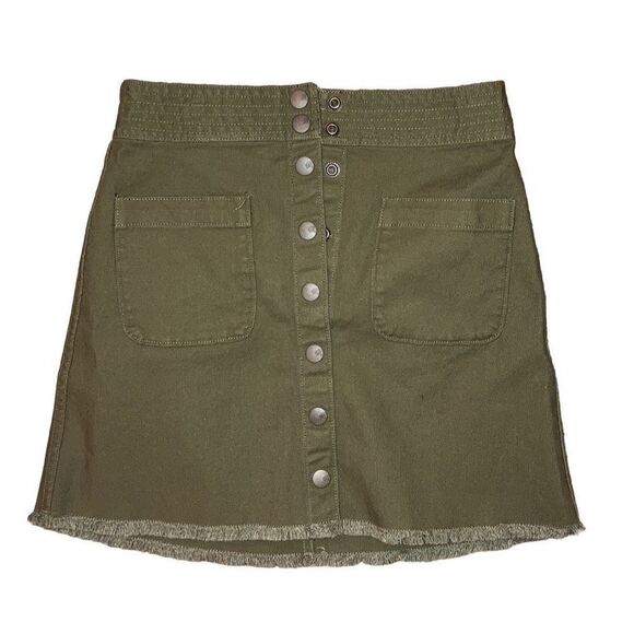 Madewell Size 00 Green Button Down Mini A Line Utility Skirt Fringe Hem Pockets - Picture 1 of 3